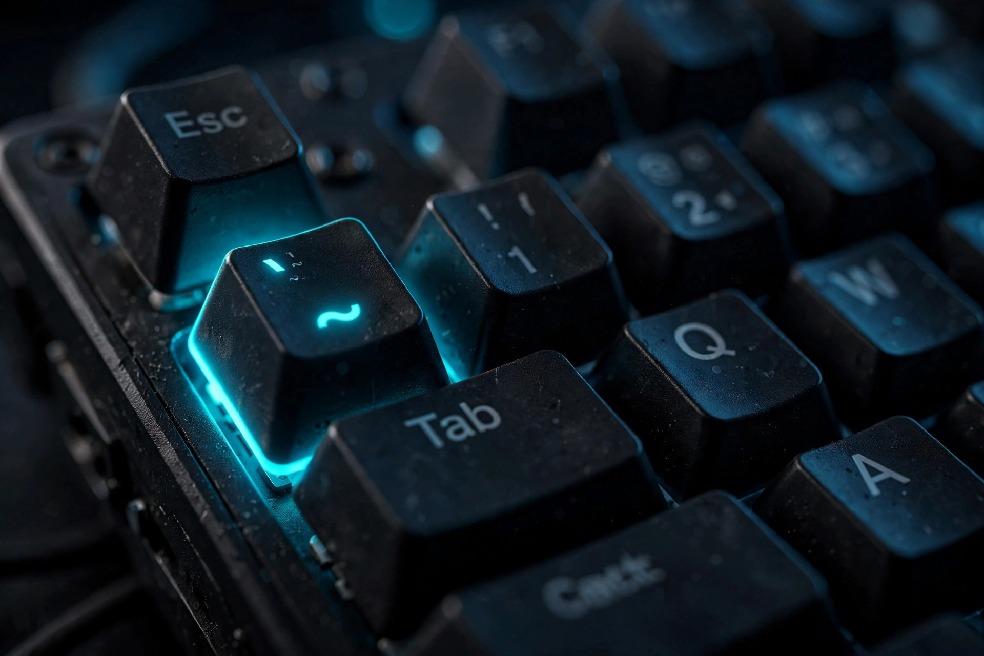 Close-up of the backtick console key under Esc on a backlit gaming keyboard