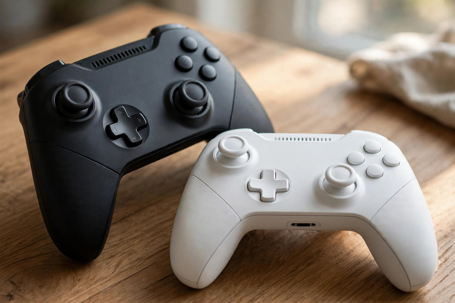 Two game controllers side by side on a wooden desk
