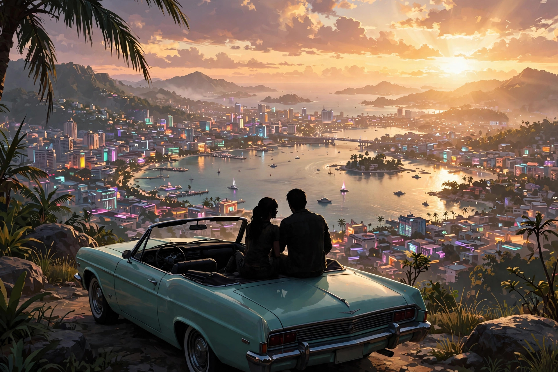 Two protagonists overlooking a tropical bay city at golden hour — GTA 6 Lucia and Jason beginner guide art