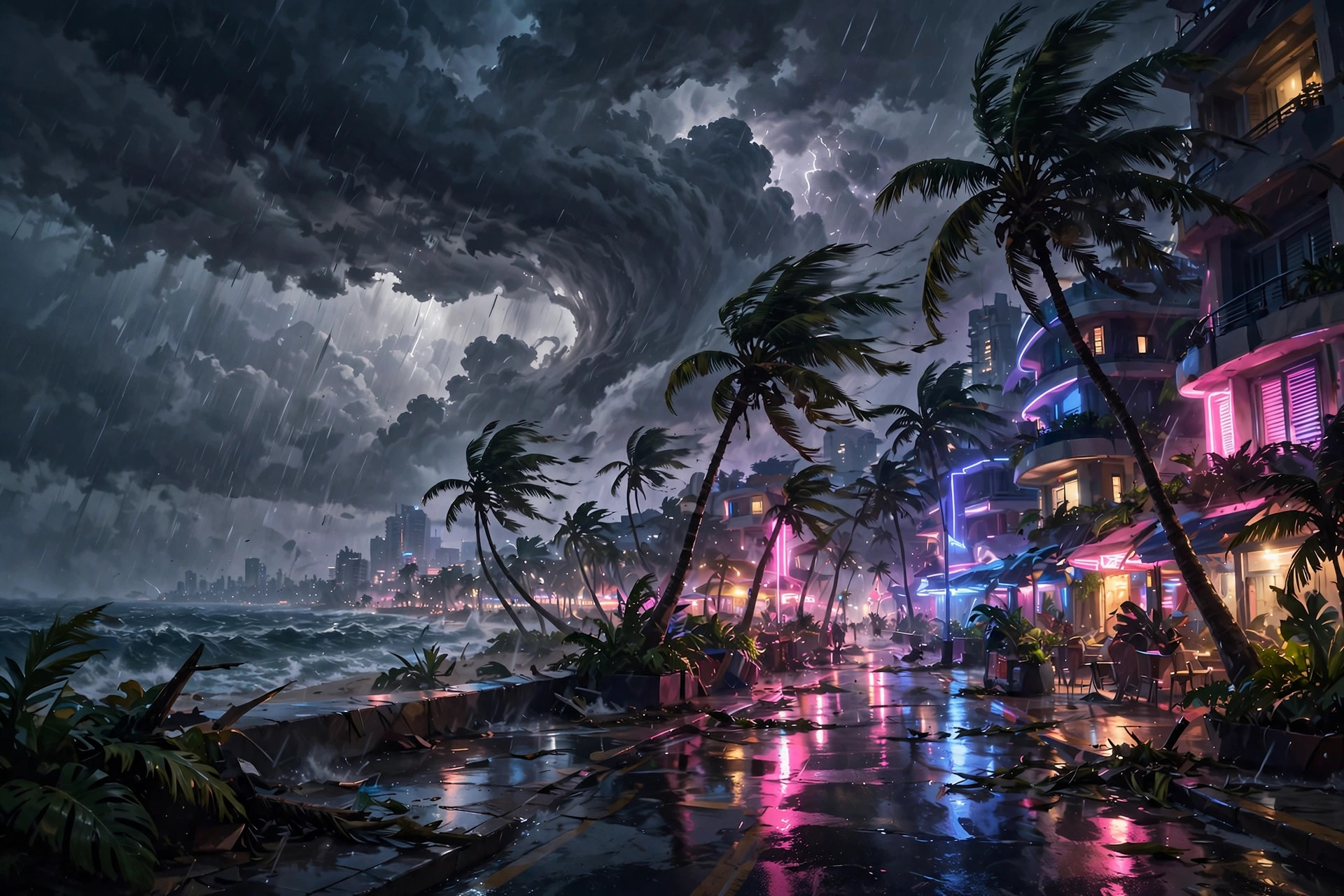 Hurricane clouds gathering over a neon beachfront boulevard — GTA 6 weather guide illustration