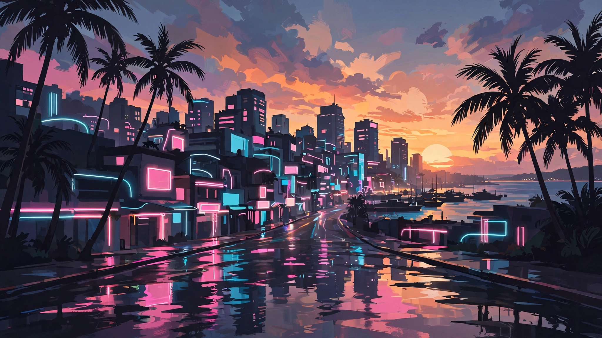 Stylized neon-soaked tropical coastal city skyline at sunset with palm silhouettes — GTA 6 everything we know guide featured illustration
