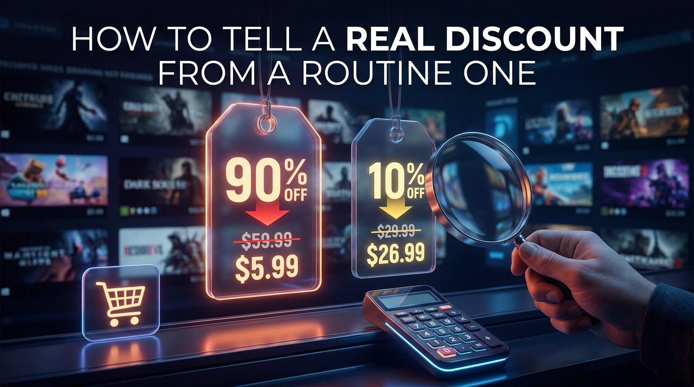 How to Tell a Real Discount From a Routine One. Two price tags hang over a store page: one 90% off at $5.99, one 10% off at $26.99, with a magnifying glass held over the second.