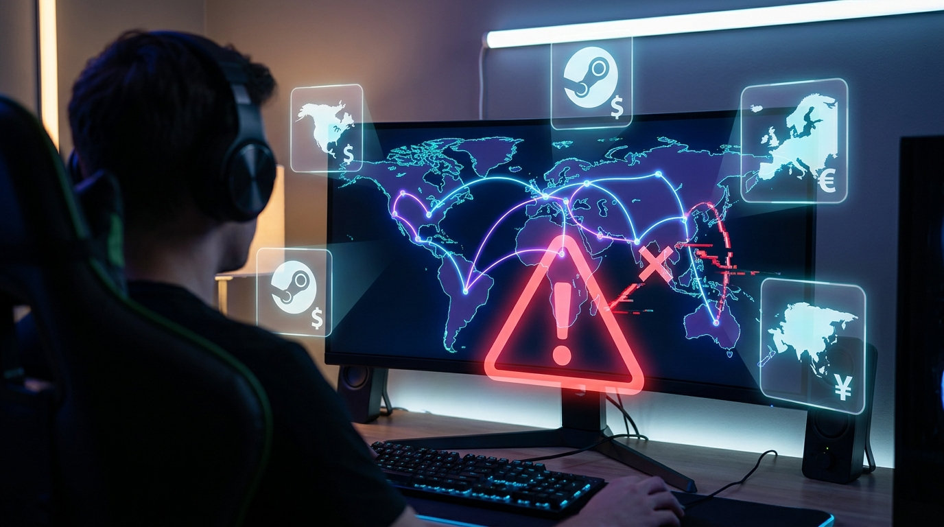 A player in headphones at a monitor showing a world map criss-crossed with routes and regional store icons, with a large red warning triangle across the centre.