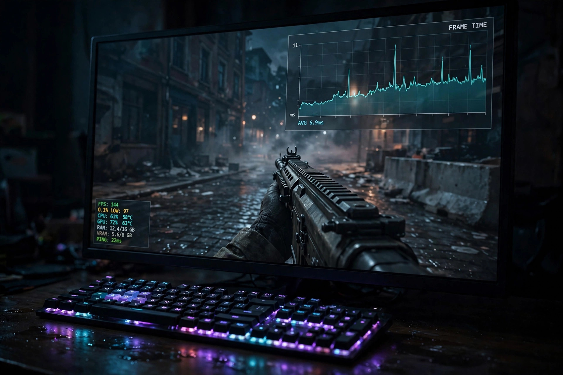 Gaming monitor showing a frame-time performance graph overlay