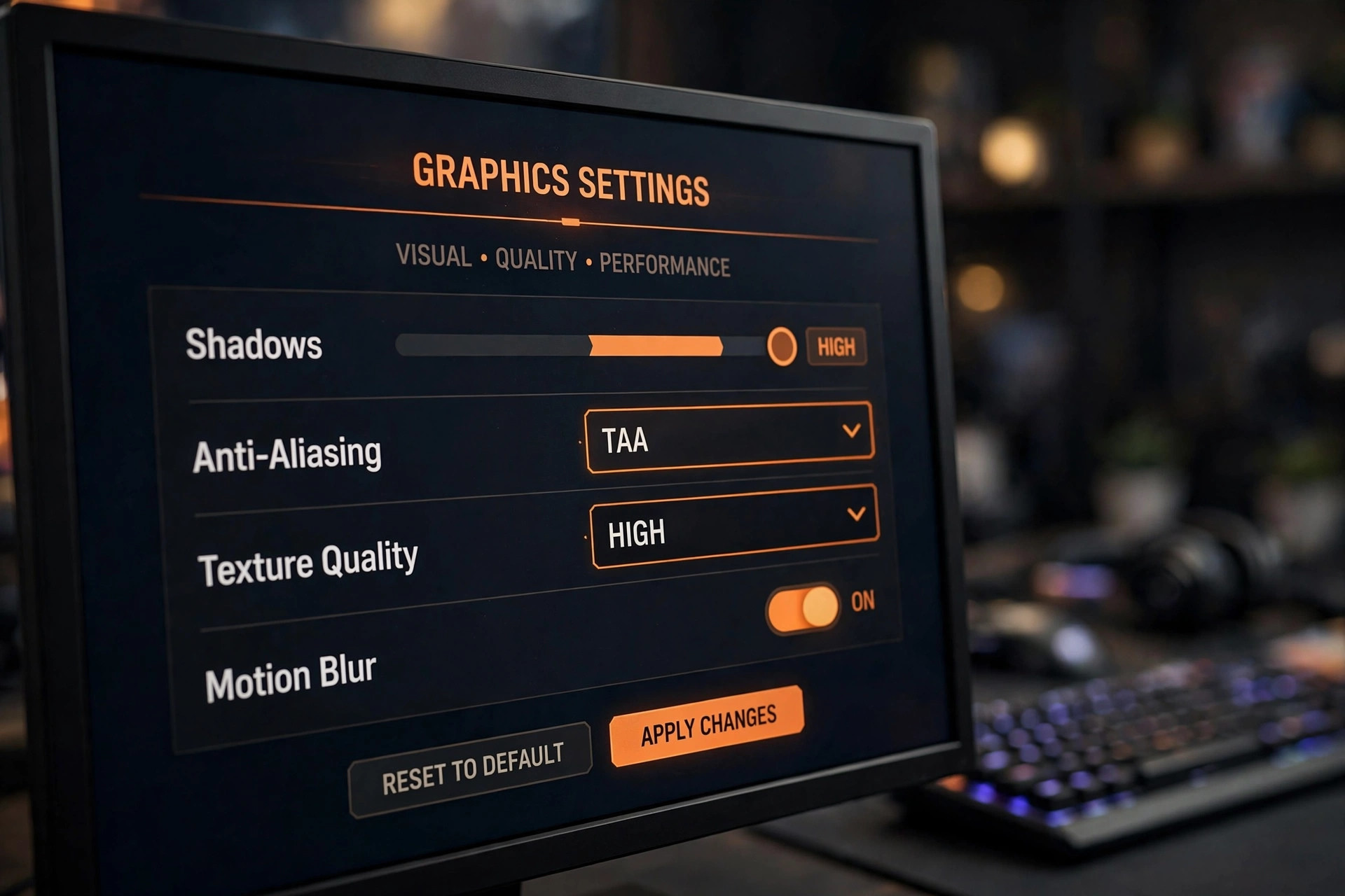PC game graphics settings menu with shadow and texture quality options