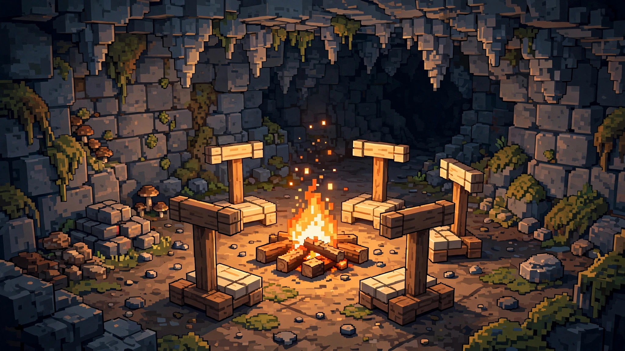 Four blocky armor stands around a campfire representing a Minecraft Dungeons 2 co-op party