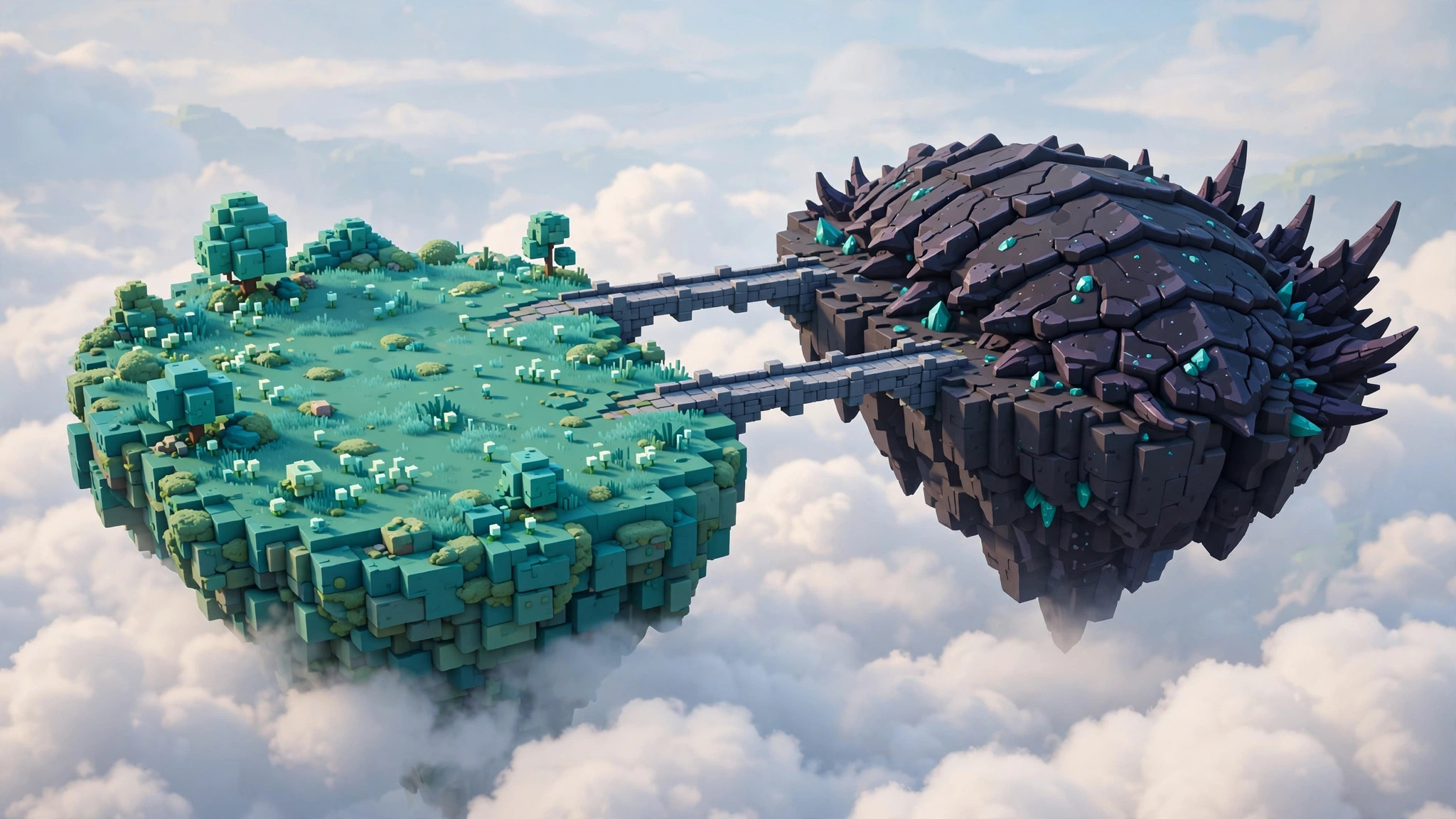 Blocky floating sky islands of The Sift dimension — the Meadow and Carapace areas in Minecraft Dungeons 2