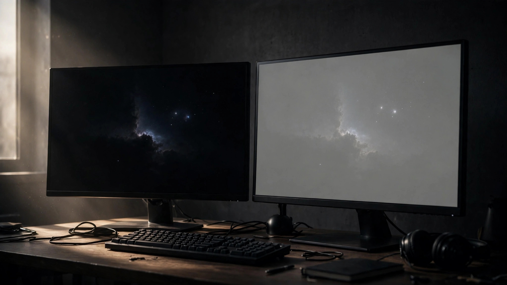 Two monitors side by side showing contrast difference