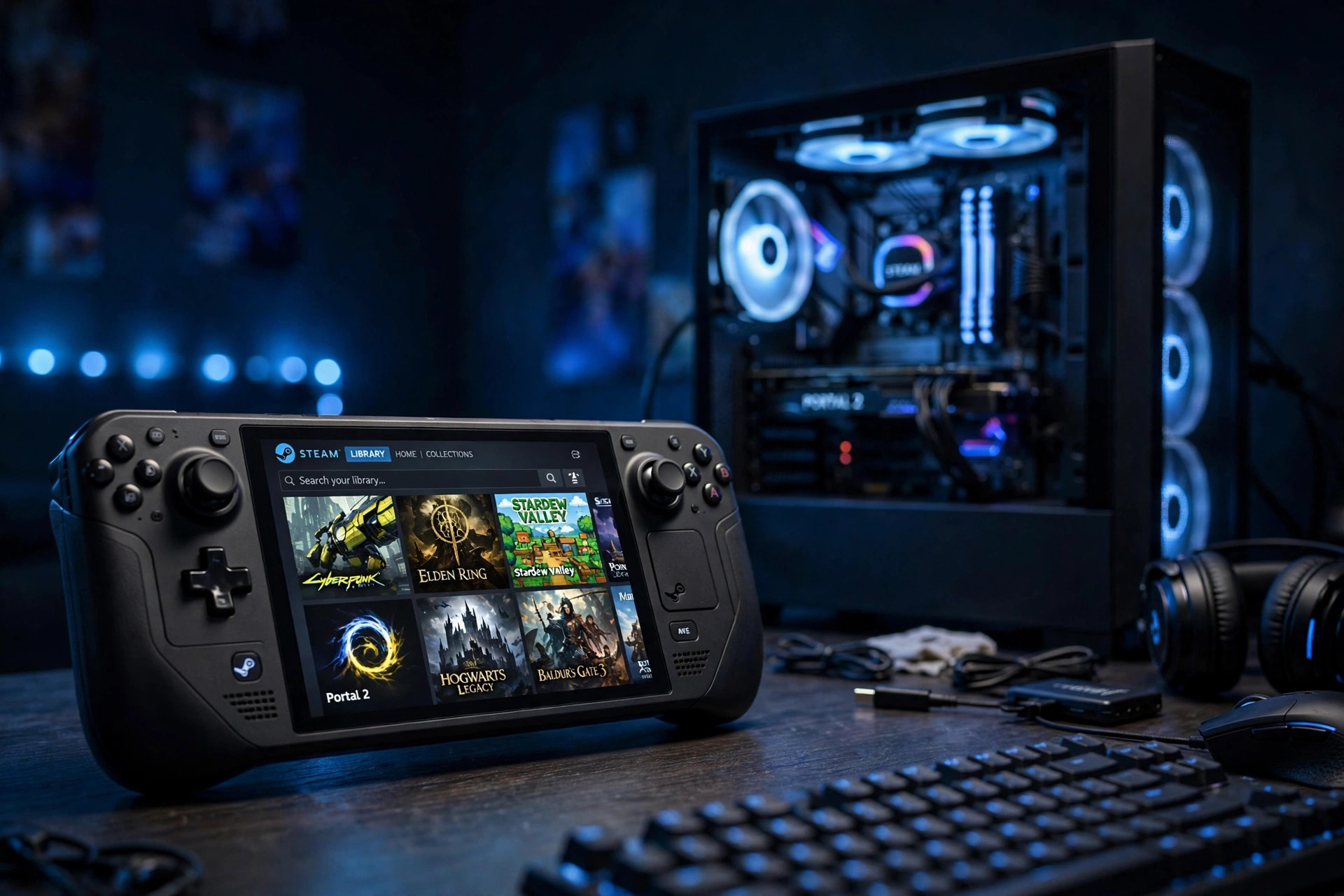 Steam Deck handheld next to a gaming PC — Steam Cloud saves