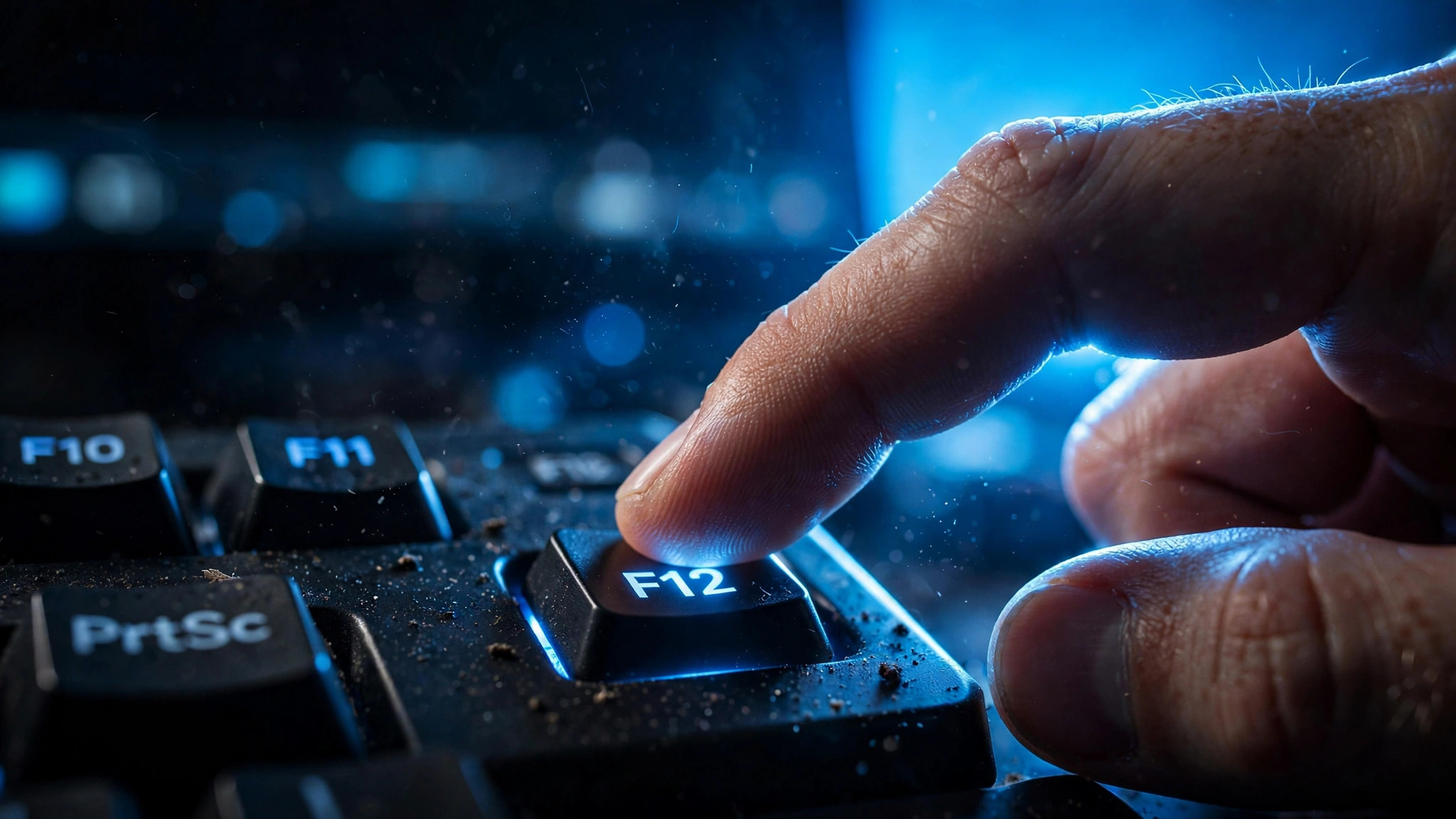 Finger pressing the F12 key to take a Steam screenshot