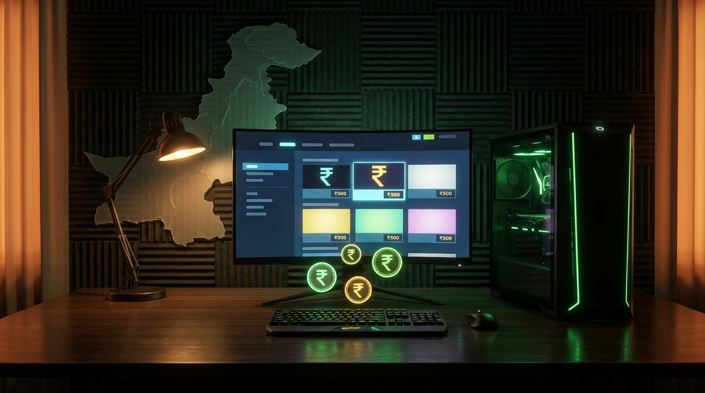 A desk with a game store open on the monitor, its listings priced in rupees, glowing rupee coins floating in front and an outline map of Pakistan on the wall behind.