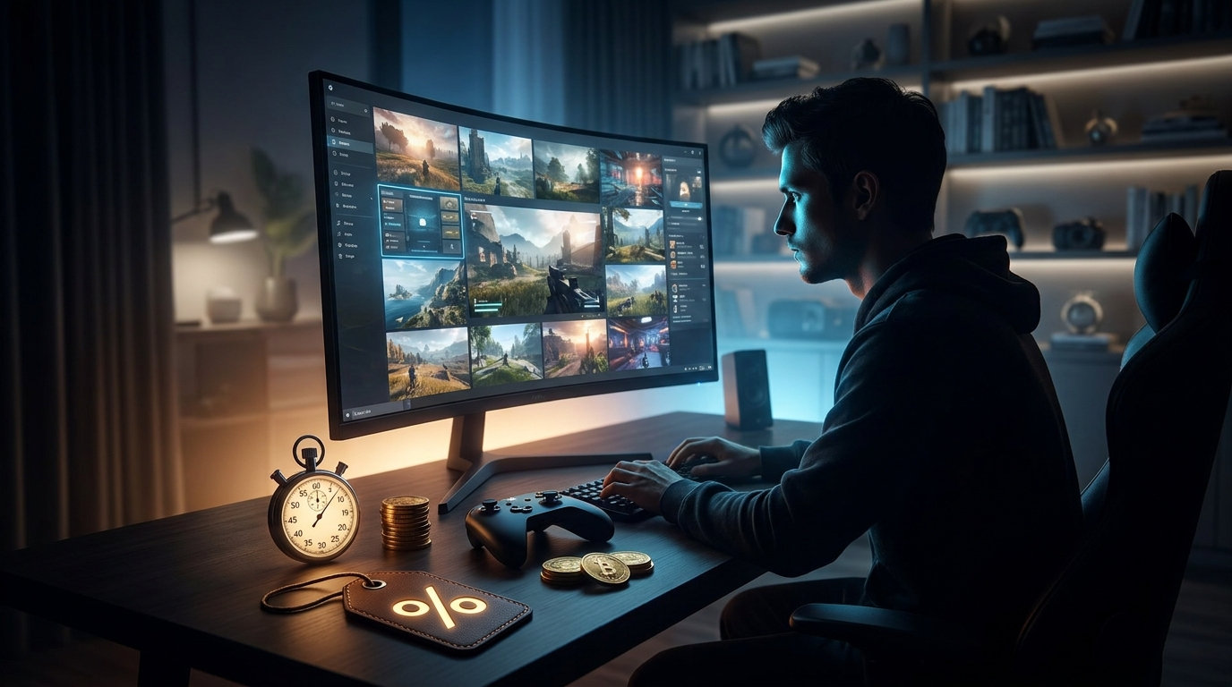 A player browsing a grid of games on a curved monitor, with a stopwatch, stacked coins, a controller and a percent tag on the desk beside them.