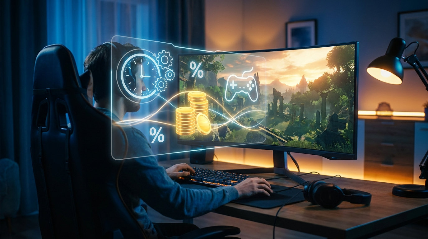 A player at a curved monitor with a clock face, stacked gold coins, percentage signs and a controller overlaid across the screen.