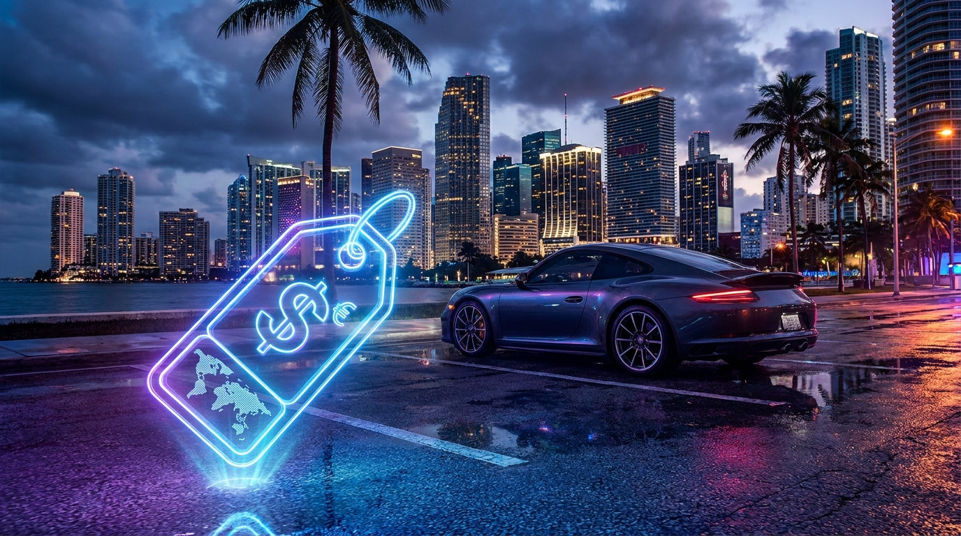 A large neon price tag showing a dollar sign and a world map, beside a sports car parked on a wet seafront road under a night city skyline.
