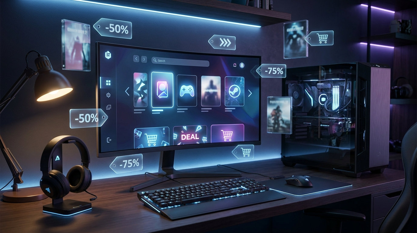 A lit desk setup with a game store open on the monitor, surrounded by floating -50% and -75% price tags and shopping-cart icons.