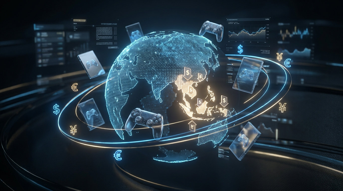 A holographic globe ringed by floating game cases and controllers, with dollar, euro and yen symbols and price-drop arrows over South-East Asia.