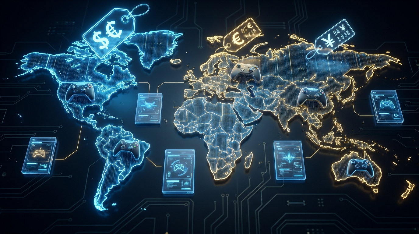 A glowing world map laid over a circuit board, with a controller resting on each continent and price tags marked in dollars, euros and yen.