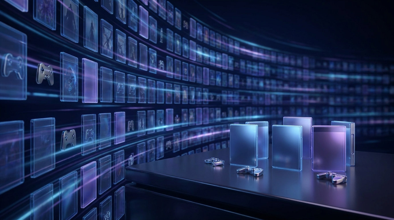 A vast curved wall of hundreds of dim, identical game cases, with only a handful standing lit and in focus on a plinth in front of it.